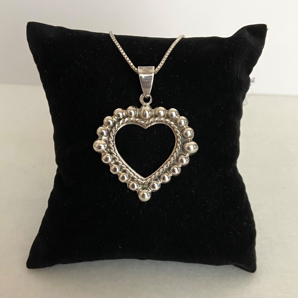 Sterling Silver 925 Beaded Open Heart Pendant Necklace 18" Box Chain - Picture 8 of 16